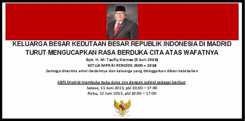 La Embajada de Indonesia en España expresa sus condolencias por el fallecimiento de Bpk. H. M. Taufiq Kiemas